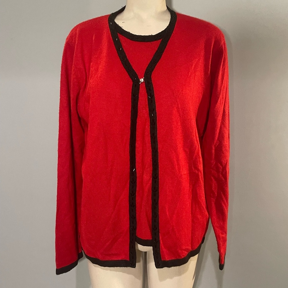Sag Harbor red cardigan attached shell sweater top black beading woman’s small